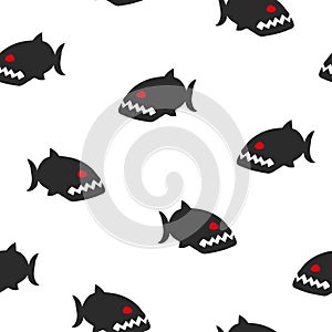 Seamless black and white piranha pattern. Vector fish background