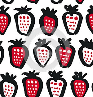 Seamless black, white and red contrast background with berries. Vector fabric texture. Decorative drawing pattern.
