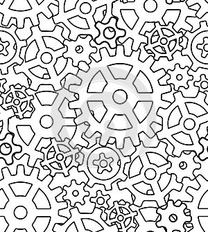 Seamless black and white texture with the contours of the gears
