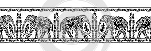 Seamless black and white traditional Asian elephant border design