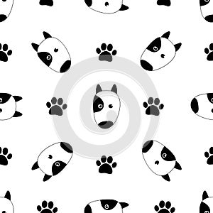 Seamless black and white vector pattern with cute hand drawn dog with paws in doodle style. Isolated on white background