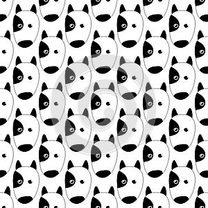 Seamless black and white vector pattern with cute hand drawn dog pitbull in doodle style. Isolated on white background