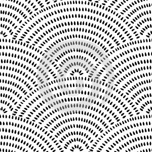 Seamless black and white wavy pattern. Seigaiha print in polka dot style. Cute simple doodle ornament for textiles. Vector