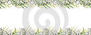 Seamless blooming floral border composition. Watercolor white jasmine flowers isolated on white