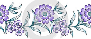Seamless blue Asian textile floral border design on white background