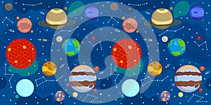 Seamless Blue Background Of Solar System With Cartoon Planets Sun Mars Mercury Earth Venus Jupiter Saturn Uranus Neptune Pluto