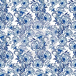 Seamless blue floral pattern. Background or Russian gzhel style. photo