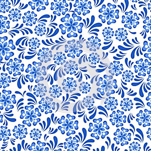 Seamless blue floral pattern in Russian gzel style