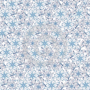 Seamless blue floral print, drawn flowers on a white background. Festive vector endless texture in scandinavian style