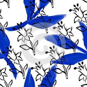 Seamless blue flower pattern.Hand drawn paint.Nature texture