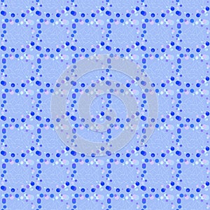 Seamless blue geometric pattern of small, large circles and bubbles. Blue cell background with light, dark abstract