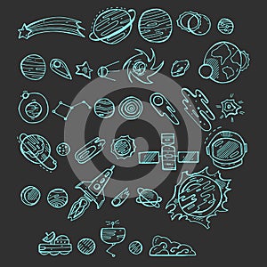 Seamless blue icons set with doodle space elements on dark background . Vector illustration with hand drawn doodle space elemen