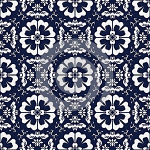 Seamless Blue Japanese Background Cross Spiral Round Flower Kale