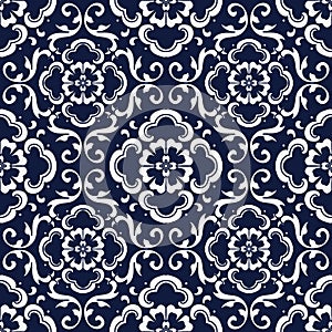 Seamless Blue Japanese Background Curve Spiral Cross Flower