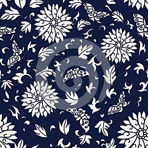 Seamless Blue Japanese Background Spiral Round Flower Butterfly