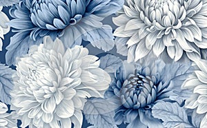 seamless blue leaf illustration abstract floral design pattern vintage background flower. Generative AI.