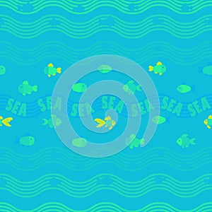 Seamless blue marine pattern with fish, turquoise waves and lettering