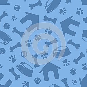 Seamless blue pattern with dogs symbols. Vector illustration.