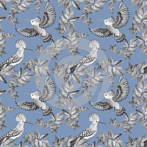 Seamless blue pattern with painted watercolor birds among foliage.