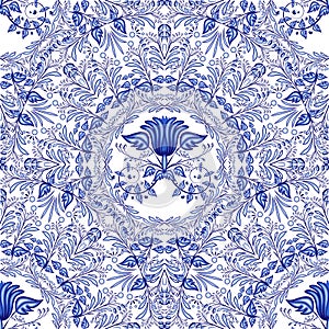 Seamless blue pattern. Repeating floral pattern of circular ornaments. Background of flowers in the style of Chinese painting on p