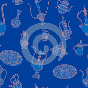 Seamless blue and pink vector pattern of arabic crockery.