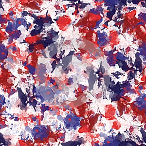 Seamless blue red with white watercolor pattern. Abstract background and texture. Fashionable textile, fabric, packaging.