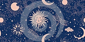 Seamless blue space pattern with sun, crescent and stars on a blue background. Mystical ornament of the night sky for