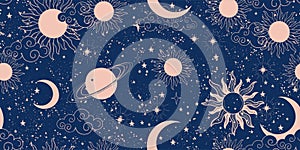 Seamless blue space pattern with sun, crescent and stars on a blue background. Mystical ornament of the night sky for