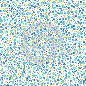 Seamless Blue, Turquoise, Light Purple And Yellow Tiny Daisy Flower Pattern With White Background