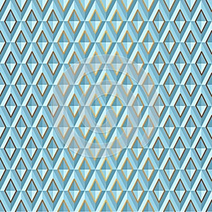 Seamless Blue volume 3D background of geometric shapes, rhombus with gold accents. Templates for wallpaper, printing