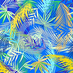 Seamless blue wallpaper with colorful coconut and fan-leaved palm leaves. Tropical background