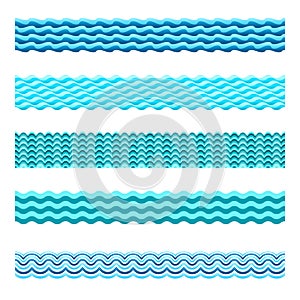 Seamless blue water wave vector bands set for footers, patterns and textures