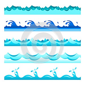 Seamless blue water wave vector bands set for footers, patterns and textures