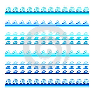 Seamless blue water wave vector bands set for footers, patterns and textures