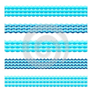 Seamless blue water wave vector bands set for footers, patterns and textures