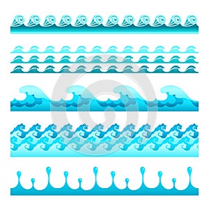 Seamless blue water wave vector bands set for footers, patterns and textures