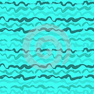 Seamless Blue Waves Free Hand Dry Brush Sea Style Pattern.