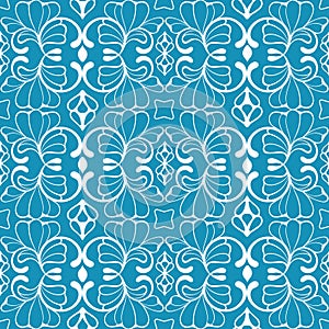 Seamless blue and white colored decorative pattern with clover