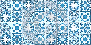 Seamless blue white vintage retro geometric square mosaic flower leaf ornate motif cement tiles wall texture background