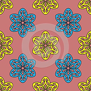 Seamless blue and yellow style floral pattern on pink background. beautiful baroque / damask floral design. vector illustration