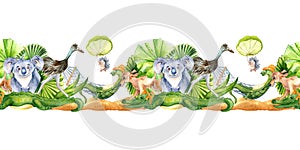 Seamless board of cartoon animals watercolor illustration isolated on white.