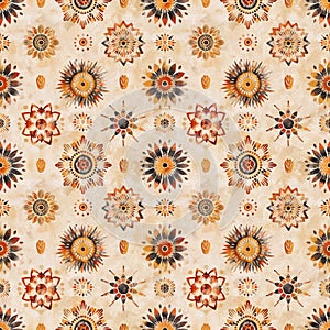 Seamless Bohemian Mandala and Feather Pattern in Earthy Tones, Geometric Boho Design for Textiles and DÃ©cor photo