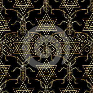 Seamless bohemian pattern of golden beetles and stars of David