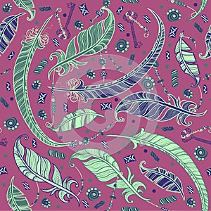 Seamless boho pattern with feathers.