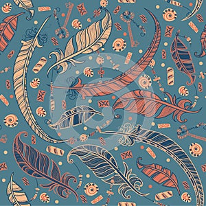 Seamless boho pattern with feathers.
