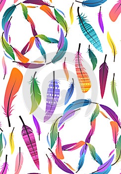 Seamless boho texture with multicolored feathers and tribal pattern and sign of peace on white background.