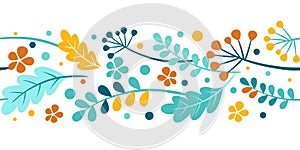 Seamless border of autumn leaves. Vector frame, garland, illustration of autumn leaves on a white background. Orange, yellow,