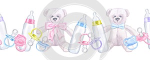 Seamless border baby boy girl pacifier, milk bottle, formula, bear. Pink blue violet green. Hand drawn watercolor