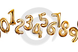 Seamless border, banner with golden foil balloons digits 0-9. Hand drawn watercolor birthday party numbers zero, one