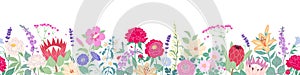 Seamless Border  with Blooming Garden Flowers